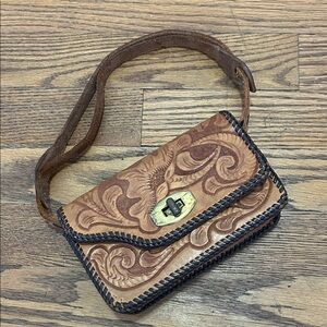 Handcrafted Leather Clutch Small Brown Floral Detail Adjustable Strap